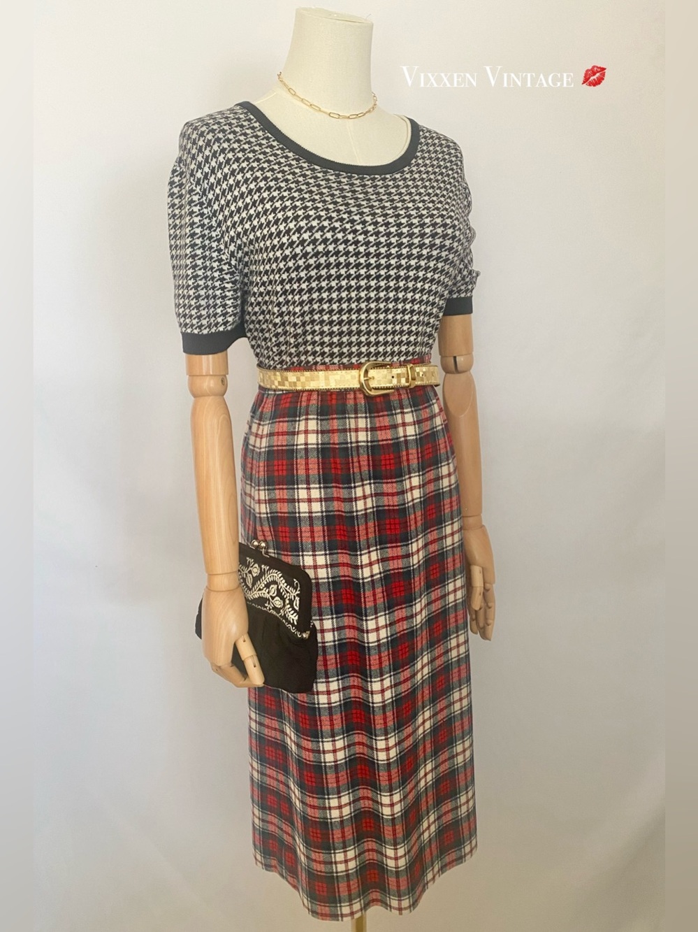 LANDS' END 2015 HOUNDSTOOTH SHORT SLEEVE KNIT TOP IN BLACK/WHITE